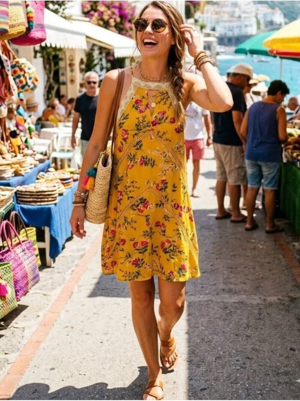 Blue Rain Floral Print Dress Small Yellow Lace Trim Sleeveless Summer Boho - Picture 1 of 16